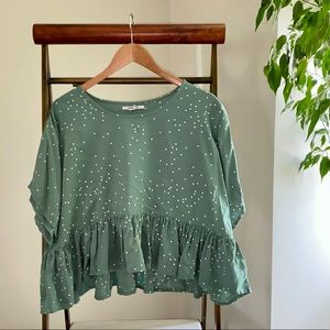 O’NEIL Green & White Polka Dot Short Sleeve Top Sz Small